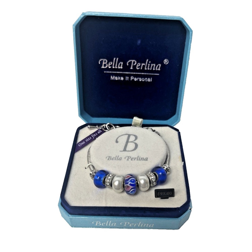 Bella Perlina Classic Blue White Charm Bracelet Silver-tone Slider New In Box